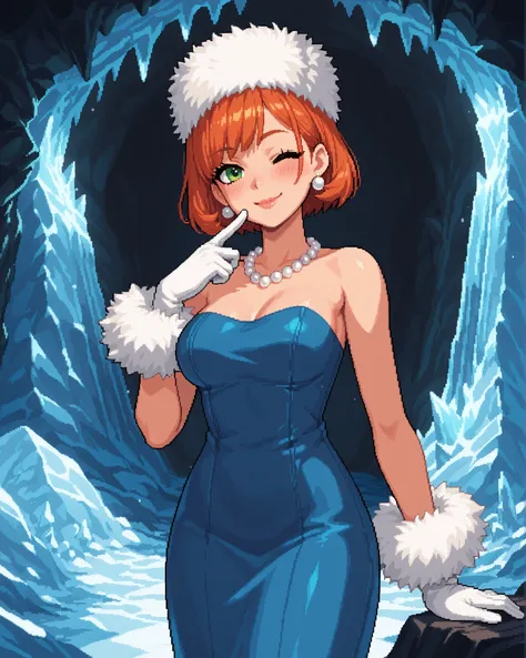 Score_9, score_8_up, score_7_up, source_anime, 1girl, solo, pixel art, solo, redhead BREAK 

Short hair, red hair, bob_cut, bangs, green eyes, medium breasts BREAK  

edgwdc, winter clothes, gloves, hat, dress, bare shoulders, jewelry, earrings, white glov...