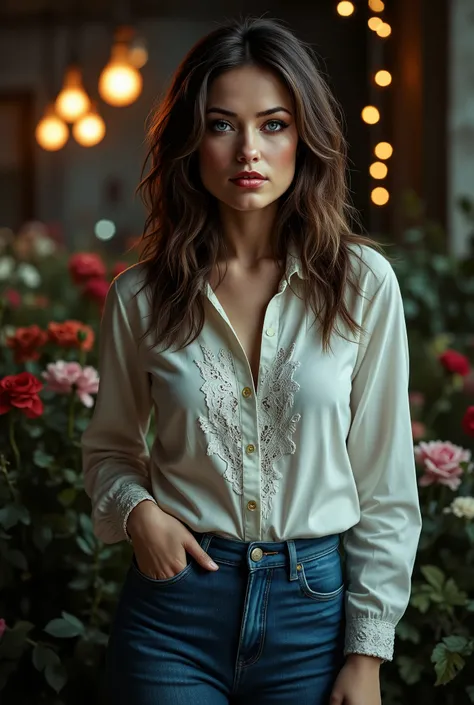 Foto hiperrealista en primer plano de brunette woman, masterpiece, best quality, (photorealistic:1.4), (luxury long button up lace shirt :1.15), (blue jeans:1.2), cinematic light, wavy hair, in a old abandoned factory, amber twinkle lights in background, r...