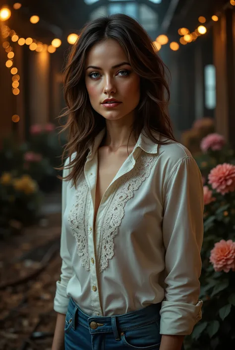 Foto hiperrealista en primer plano de brunette woman, masterpiece, best quality, (photorealistic:1.4), (luxury long button up lace shirt :1.15), (blue jeans:1.2), cinematic light, wavy hair, in a old abandoned factory, amber twinkle lights in background, r...