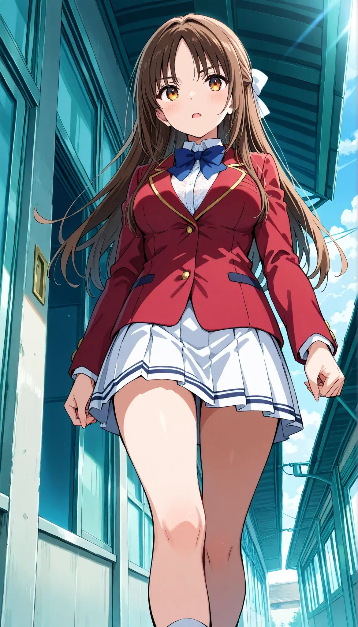  Masterpiece, hd, best quality, 1girl, kiyotaka_ayanokouji, long hair, hair bow, brown hair, medium breasts , forehead, parted bangs, school uniform, red blazer, blue bowtie , white lace shirt, white pleated skirt,thigh, standing, outdoor ,glossy lips,seri...