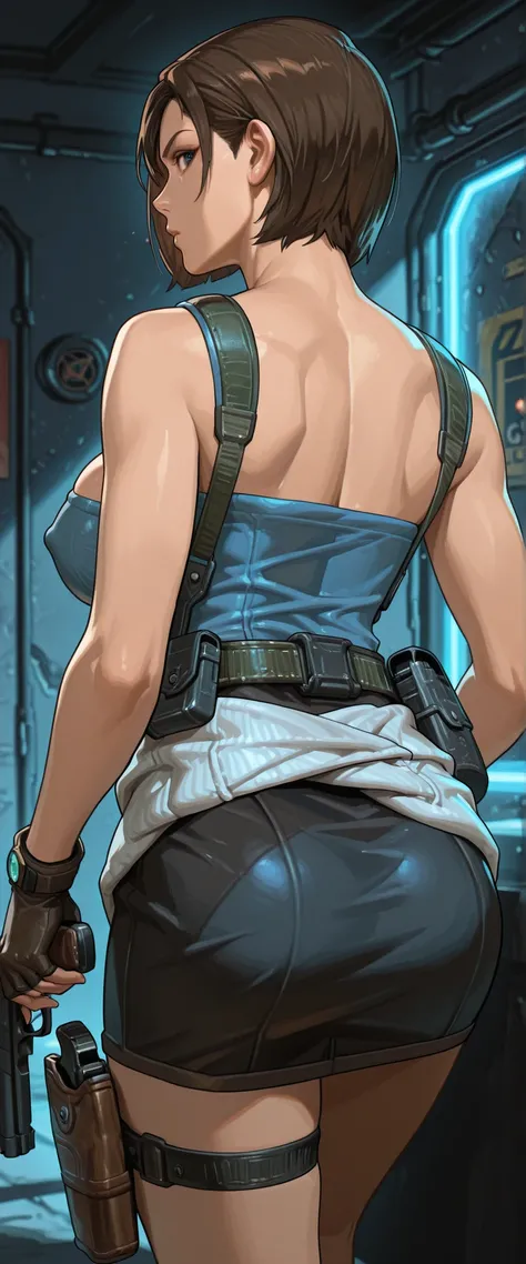 (solo:1.5), (big breasts, erect nipples), JVRE3, brown hair, bob cut, short hair, suspenders, belt pouch, blue top, tube top, pencil skirt, clothes around waist, gun holster, (guarded), (from behind:1.4), looking back