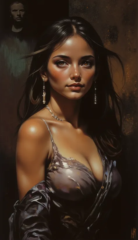 Frank Frazetta fantasy dark fantasy oil painting of a beautiful full bodied curvy Middle Eastern Iranian woman, she has light brown skin, smiling woman with long black hair and pearl necklace posing for a picture, bold nose, stunning 30-year-old french bro...