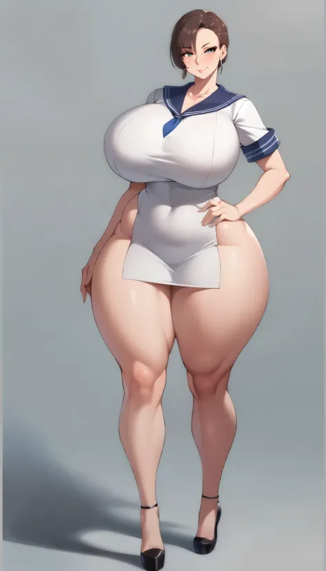cartoon illustration of a woman in a sailor suit posing for a photo shoot, thicc, Boobs proportions, big thighs, Small curve , Thick body, Boobs,  full body portrait of a short person in a good mood !, she has a puffy round stomach, Widest Hips, big waist,...