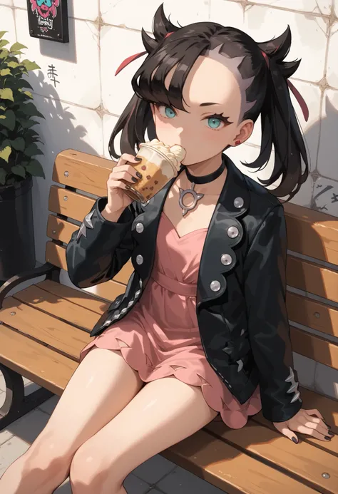 Score_9, score_8_up, score_7_up, score_6_up, source_anime, rating:general, 1girl, Marnie, black hair, twintails, perfect eyes,  aqua eyes, perfect face, pale white skin, flat chest, black jacket, short pink dress , slender build, slender legs, sat on bench...