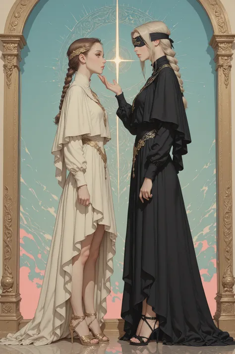 firekeeper,  dark souls \\(series\\), platinum blonde hair, single braid, black dress, blindfold, capelet,cagedheels,open toe cagedheels,strappy heels,tattooedgirl,This is a highly detailed, digital artwork featuring a close-up profile of a young woman wit...