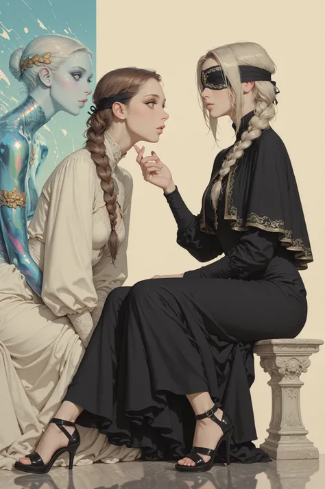 firekeeper,  dark souls \\(series\\), platinum blonde hair, single braid, black dress, blindfold, capelet,cagedheels,open toe cagedheels,strappy heels,tattooedgirl,This is a highly detailed, digital artwork featuring a close-up profile of a young woman wit...