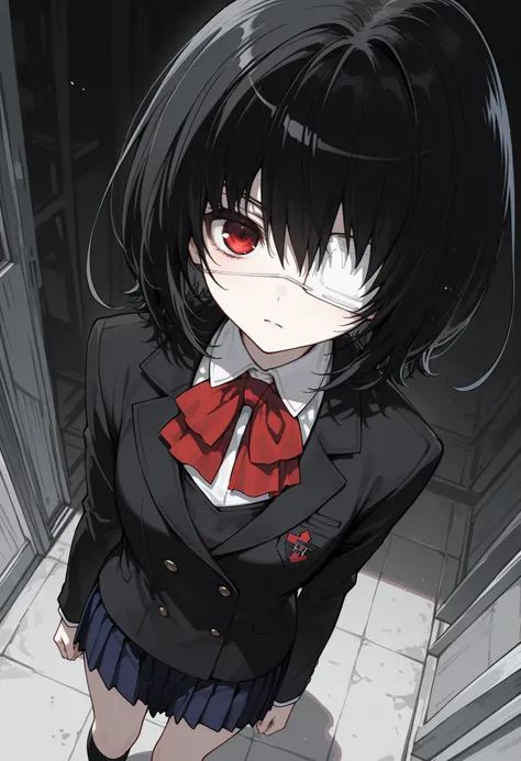 Monochrome sketch, clean lines, high contrast,masterpiece,perfect anatomy, ultra-detailed,beautiful detailed eyes,dutch angle,absurdres,misaki mei, short hair, black hair, red eyes,(eyepatch),
school uniform, blazer, long sleeves, black jacket, white shirt...