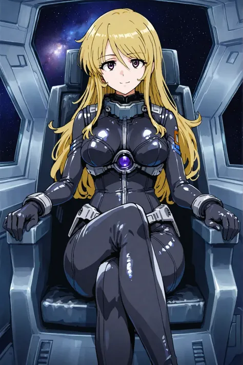 748cmstyle,ONES,anime,One girl, black space body-fitting-suit from Yamato, mori yuki, dirty-blonde hair, long hair, well drawn nice purple eyes, smile, Bright room,Inside the spaceship,sitting , Med breasts, View Viewer,      