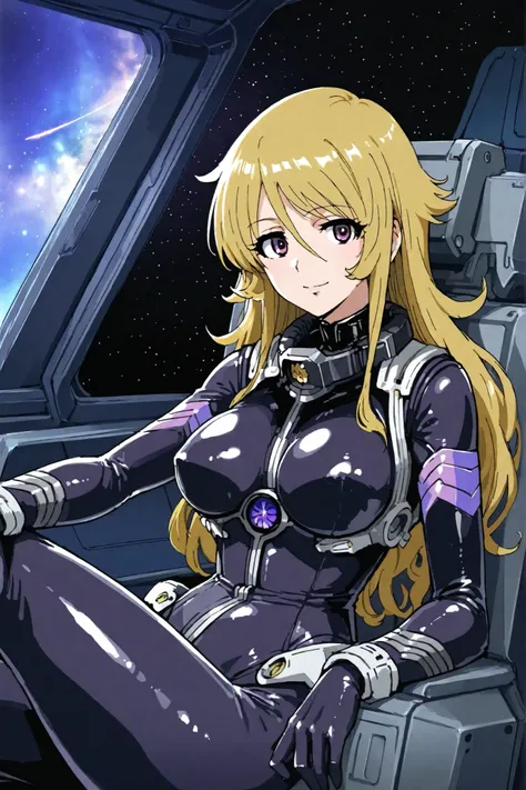 748cmstyle,ONES,anime,One girl, black space body-fitting-suit from Yamato, mori yuki, dirty-blonde hair, long hair, well drawn nice purple eyes, smile, Bright room,Inside the spaceship,sitting , Med breasts, View Viewer,      