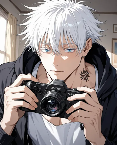 Satoru Gojo,adult, jujutsu kaisen, white hair, short hair, ((hair between eyes)), colored eyelashes, white eyelashes, blue eyes, intricate eye iris, detailed eyes, muscular male, sexy man, handsome man, handsome face, holding a camera, tattoos on his neck ...