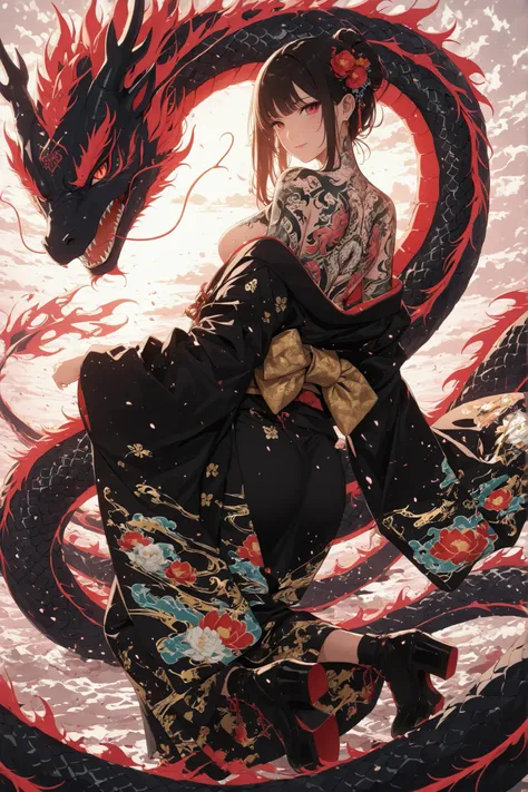 ((Woman with a full body tattoo:1.5)) small beautiful breasts kimono From the skin ((Dragon tattoo on back:1.5)) upper body