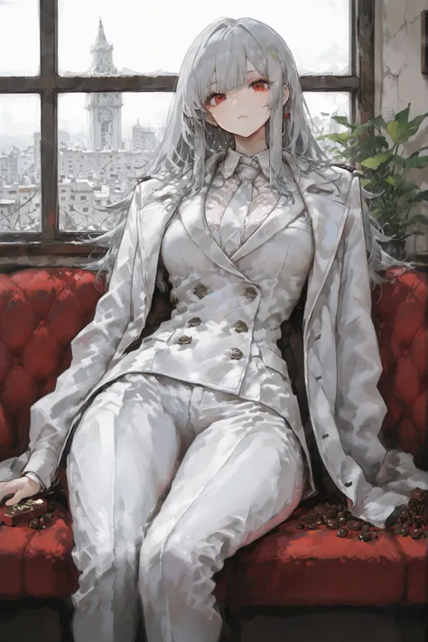 X3m, girl with gray hair,  beautiful ,  darine , charming, in a beautiful white suit that accentuates my waist and style、wearing a chocolate colored coat, I'm sitting by the window looking at the street, masterpiece, 