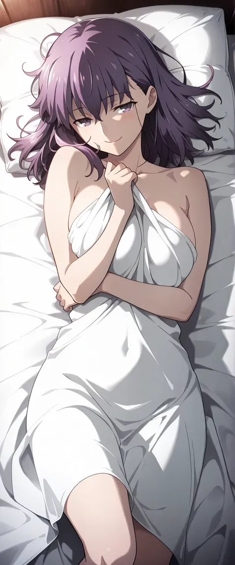 1 woman, sakura matou, from above, purple hair, purple eyes, naked, covered with her sheets, waking up, lying on her bed, seductive pose, seductive smile, masterpiece, high quality, highly detailed