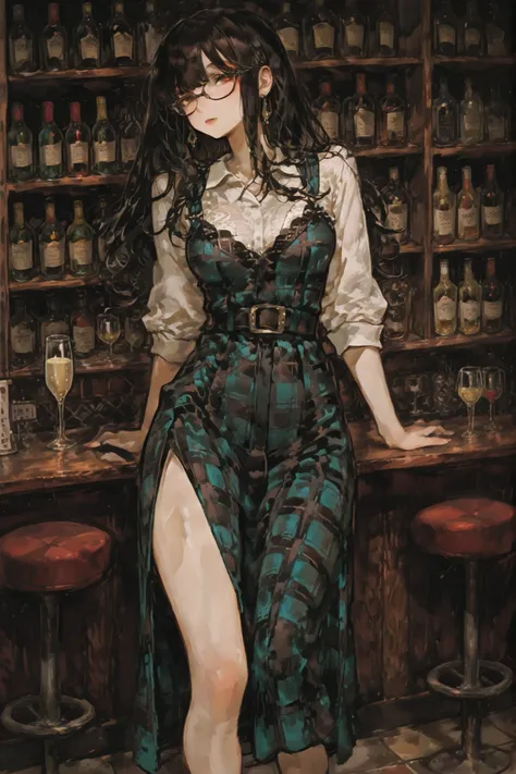 ((top quality、masterpiece、High Sensitive、high resolution、detailed depiction、depiction of a delicate face、Ｆvalue：6.0),((Slender Woman、wears glasses)),advanced digital art、Plaid slit dress、Whole pin、 、Standing at the bar with champagne glasses、