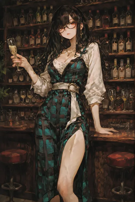 ((top quality、masterpiece、High Sensitive、high resolution、detailed depiction、depiction of a delicate face、Ｆvalue：6.0),((Slender Woman、wears glasses)),advanced digital art、Plaid slit dress、Whole pin、 、Standing at the bar with champagne glasses、
