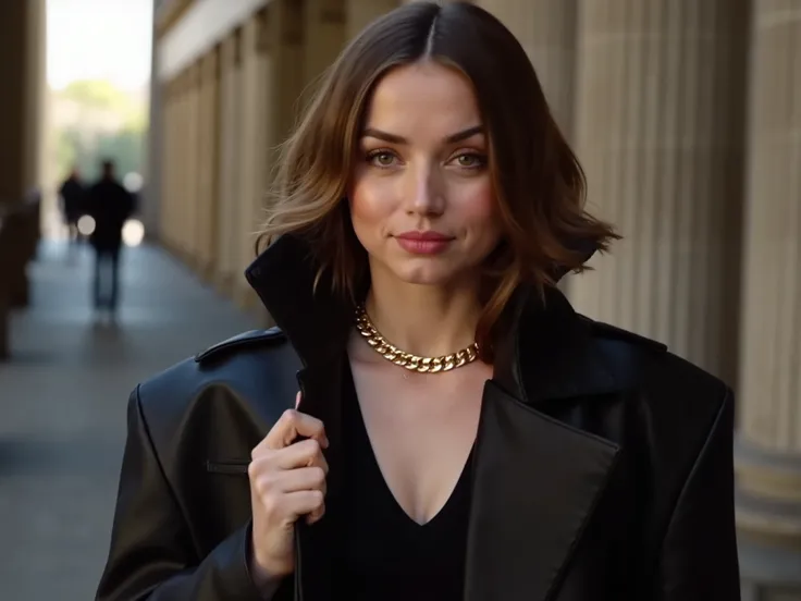 A confident ana de armas. The image is cropped from the waist up, with the subject closer to the viewer. She's wearing a sleek black leather trench coat with broad lapels over a fitted black top. A chunky gold chain necklace adds elegance to her look. Her ...