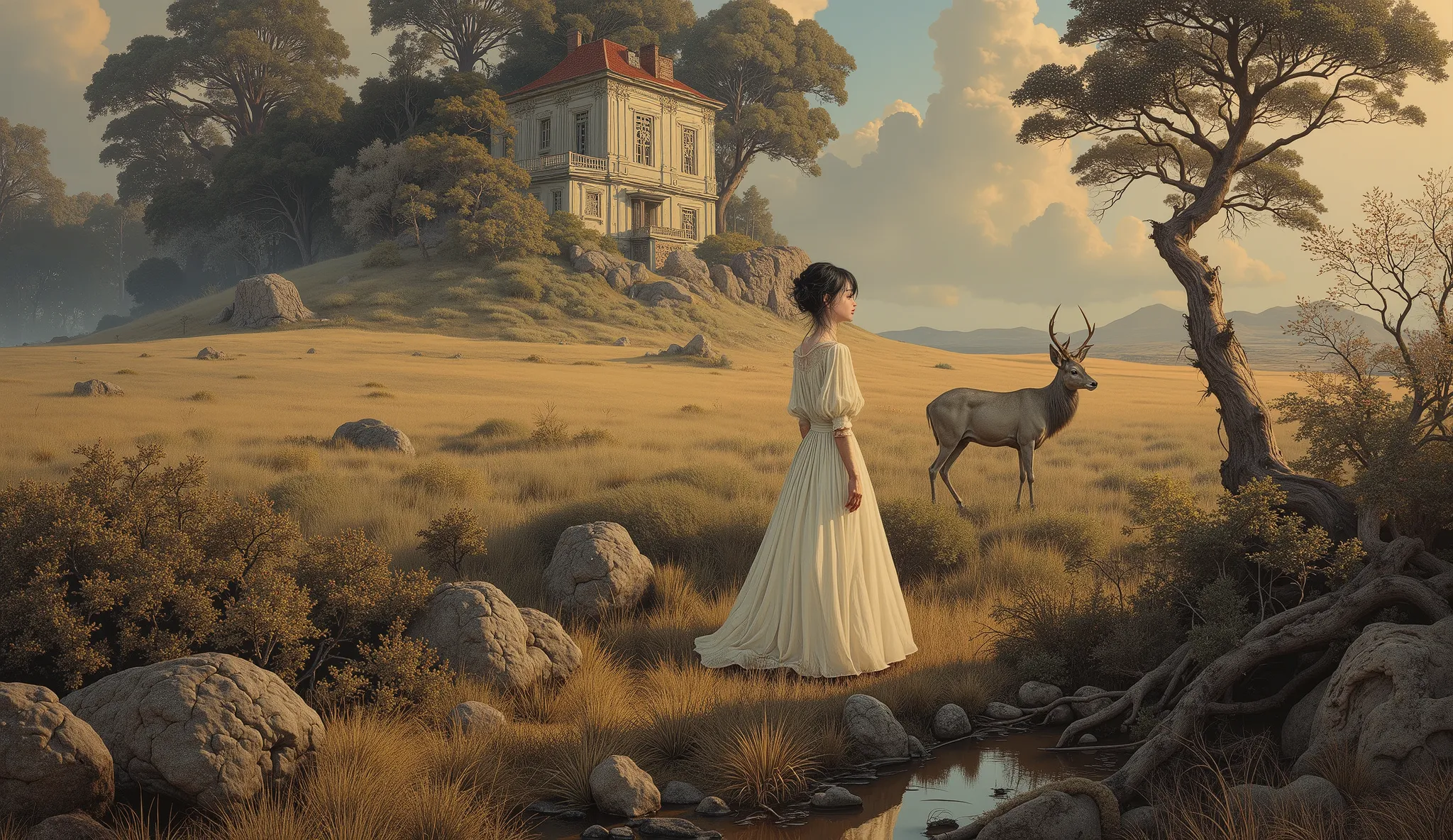  unique , Prairie,　the wind is blowing, standing in the teacher's house, They're looking at me and waving, rococo building, Blonde Long, ((Baltolome Style)),  darkness，SF, ((top quality, masterpiece)), (More Rights  , 高details),  8,000，canvas oil painting
...