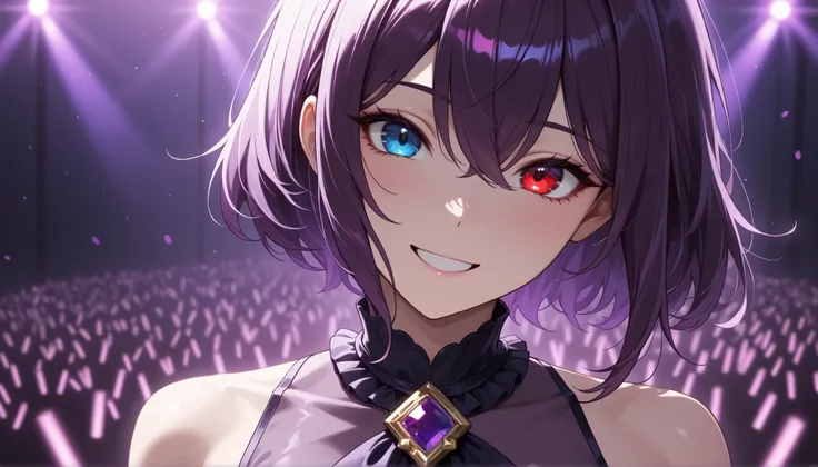top quality, 8K, 4K, high resolution, high contrast with a silver gun,1girl, Japanese female idols sing and dance passionately on stage、while the audience's cheers echo through、Colorful lights illuminate her, I'm wearing a purple jewel, short skirt, close-...