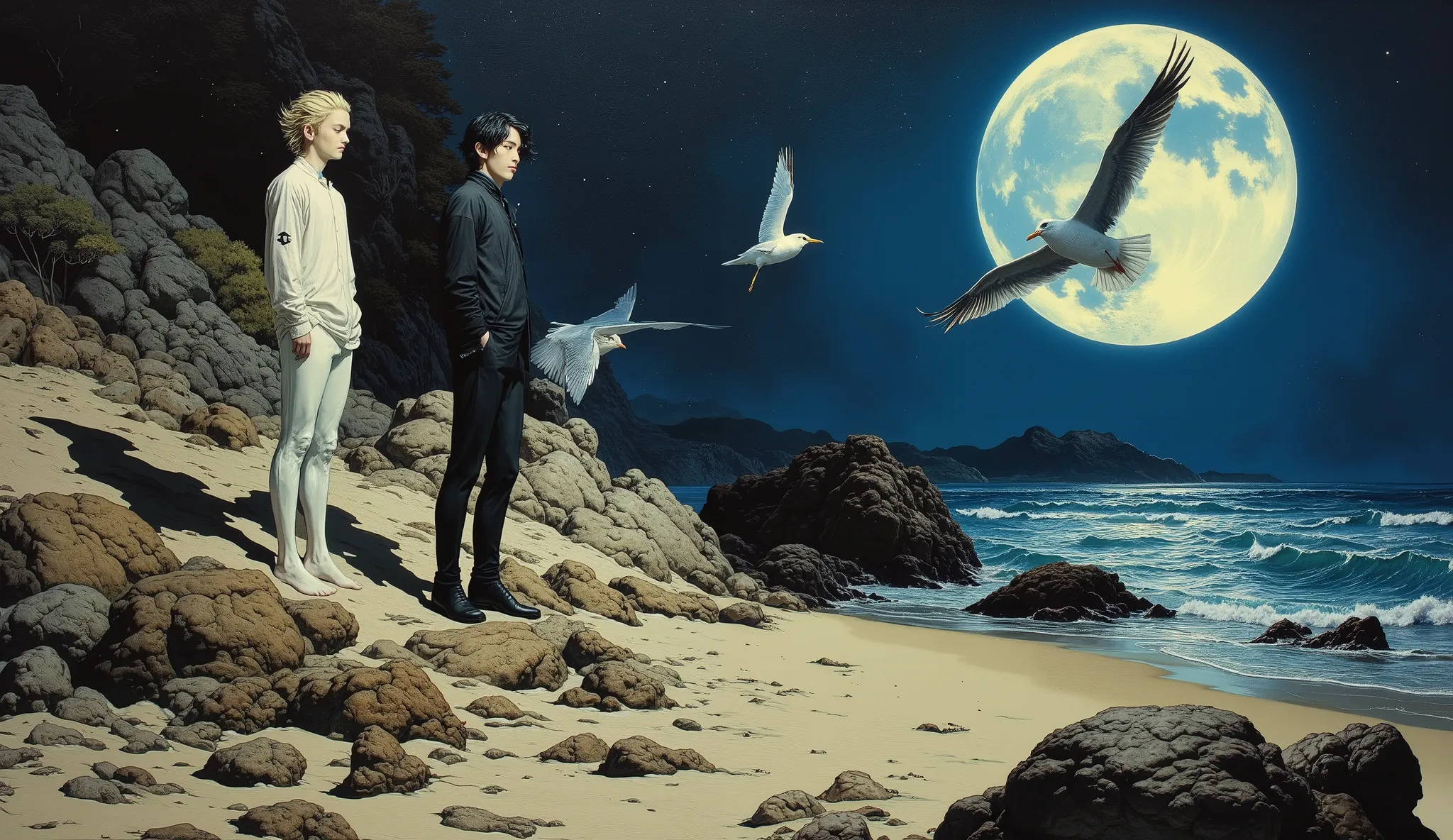  unique , Coast ,  seagulls, Blonde Long, ((Baltolome Style)),  darkness，SF, ((top quality, masterpiece)), (More Rights  , 高details),  8,000，canvas oil painting
 It emits a soft glow,  Extraordinary Beauty . ((top quality)), ((masterpiece)), ( details),two...