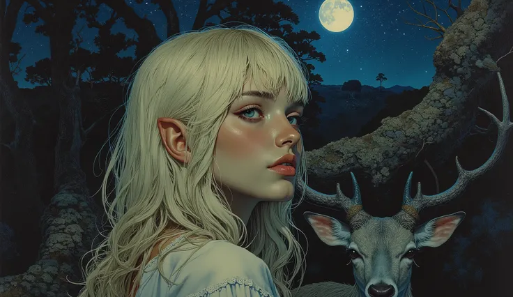  unique , In the woods 、　starry sky, halo,   , moon，， , Blonde Long, ((Baltolome Style)),  darkness，SF, ((top quality, masterpiece)), (More Rights  , 高details),  8,000，canvas oil painting
 It emits a soft glow,  Extraordinary Beauty . ((top quality)), ((ma...
