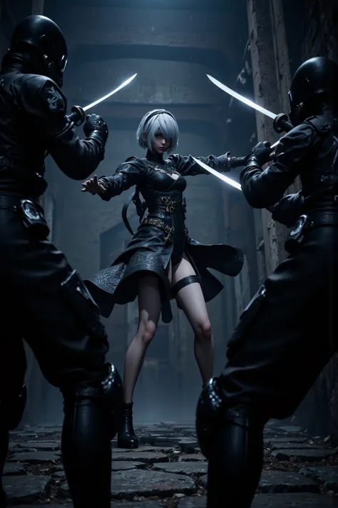 detailed skin pore, skin texture style, realistic skin, 4kPhoto_PDXL, 2B , NieR:Automata , Cinematic lighting, Masterpiece, Best quality, Amazing image quality, Very aesthetic, Latest, (Realism: 1.2), Highly detailed, Extremely detailed, Explicit, Best quality, High quality, Detailed, High resolution, 8k, Ultra high resolution, Soft saturation, Professional quality, Perfect contrast, Perfect lighting, Anatomically correct, She is brandishing a scimitar reminiscent of a Japanese sword, and in a dark, dilapidated ruin, she is engaged in a fight scene with men dressed in all black, reminiscent of M.I.B. The swords they are brandishing clash, leaving pale light trails behind as they engage in a sword fight. It is a dynamic battle scene, a fight between one woman and several men. (The figures are depicted small to depict the sword fight scene: 1.5). The scene is shot from a considerable distance away.