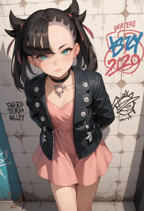 Score_9, score_8_up, score_7_up, score_6_up, source_anime, rating:general, 1girl, Marnie, black hair, twintails, perfect eyes,  aqua eyes, perfect face, pale white skin, flat chest, black jacket, short pink dress , slender build, slender legs, dirty alleyw...