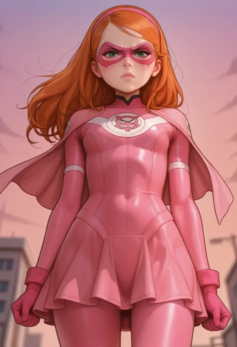 score_9, score_8_up, score_7_up, score_6_up, score_5_up, score_4_up, 1girl,  solo, skinny, long hair, orange hair, green eyes, lips, hairband, mask, domino mask, bodysuit, pink bodysuit, superhero, skirt, cape, capelet, gloves, looking at viewer, blush, st...