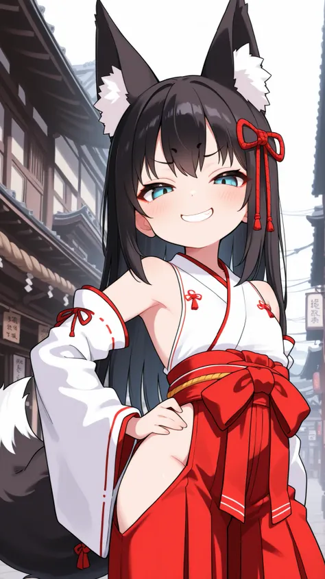 miko,Little girl with fox ears、(dark haired、female brat) 、((cute、provocative smile))、Shibuya Scenery、Anime Style、High Definition、High Quality、1girl