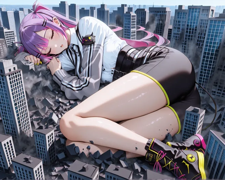 masterpiece, best quality, great quality, very detailed,The huge "Tokoyami Towa" towering higher than any other building, miniature cities, ruined miniature cities, crowded buildings, the "Tokoyami Towa" sleeping after destroying buildings,
"Tokoyami Towa"...
