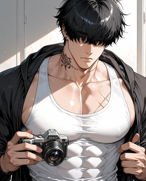 1boy,  scar, male focus, pectorals, muscular, muscular male, solo, abs,  large pectorals, hair over eyes,  black hair, piercing,covered eyes,  muscular male, sexy man, handsome man, handsome face, holding a camera, tattoos on his neck and fingers, tired ex...