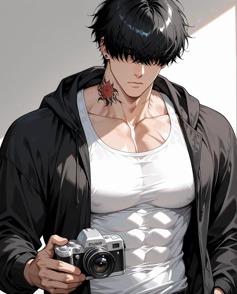 1boy,  scar, male focus, pectorals, muscular, muscular male, solo, abs,  large pectorals, hair over eyes,  black hair, piercing,covered eyes,  muscular male, sexy man, handsome man, handsome face, holding a camera, tattoos on his neck and fingers, tired ex...