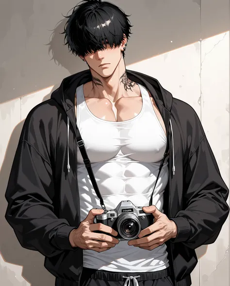 1boy,  scar, male focus, pectorals, muscular, muscular male, solo, abs,  large pectorals, hair over eyes,  black hair, piercing,covered eyes,  muscular male, sexy man, handsome man, handsome face, holding a camera, tattoos on his neck and fingers, tired ex...