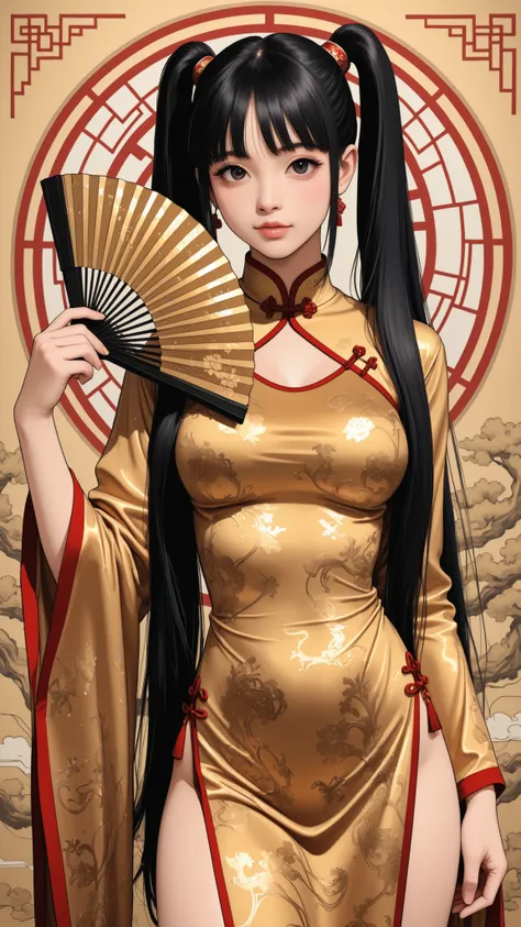 score_9, score_8_up , score_7_up , score_9,Score_9, Score_8_up , Score_7_up ,Create a Chinese style Cosplay picture, highlight the long straight black ponytails, gold-patterned cheongsam, and folding fan elements, combined with Chinese retro (carved backgr...