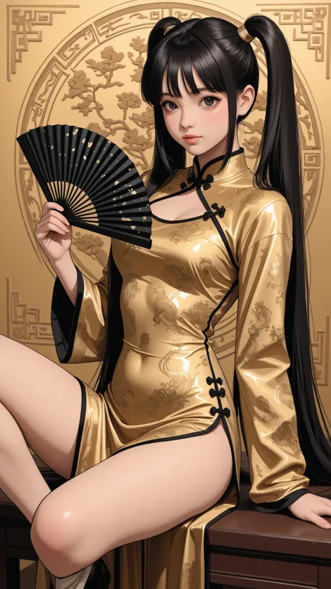 score_9, score_8_up , score_7_up , score_9,Score_9, Score_8_up , Score_7_up ,Create a Chinese style Cosplay picture, highlight the long straight black ponytails, gold-patterned cheongsam, and folding fan elements, combined with Chinese retro (carved backgr...