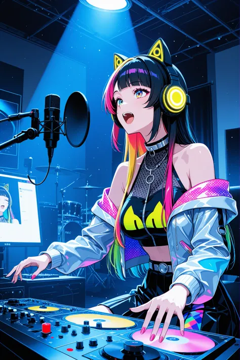 female DJ , wearing cat's ear headphone, singing with DJ playing the music, attractive motion, moving colorful studio lighting, recording studio background, 