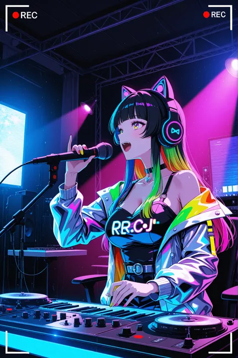 female DJ , wearing cat's ear headphone, singing with DJ playing the music, attractive motion, moving colorful studio lighting, recording studio background, 