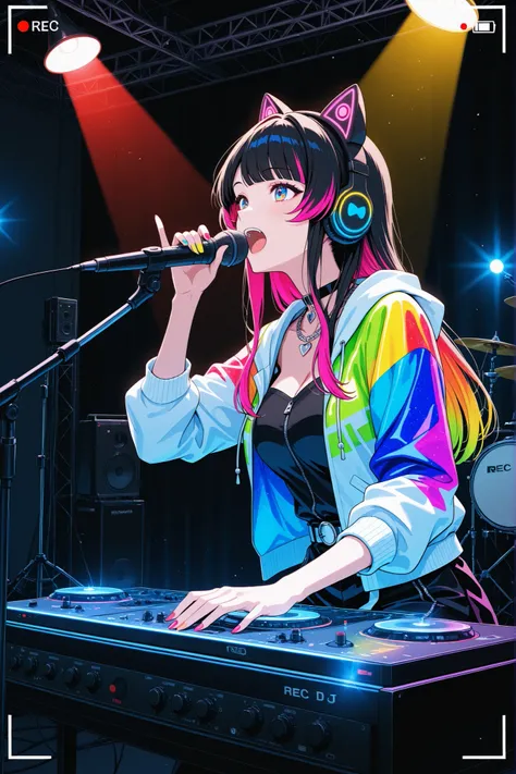 female DJ , wearing cat's ear headphone, singing with DJ playing the music, attractive motion, moving colorful studio lighting, recording studio background, 