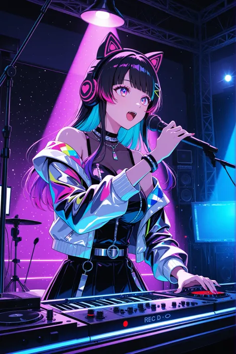 female DJ , wearing cat's ear headphone, singing with DJ playing the music, attractive motion, moving colorful studio lighting, recording studio background, 