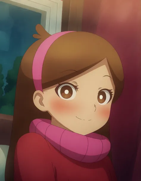 solo, GraF_Mabel,, brown hair, long hair, cowlick, brown eyes, white pupils, pink headband, eyelashes, swept bangs, blush, 1girl, official style, anime_screencap,,