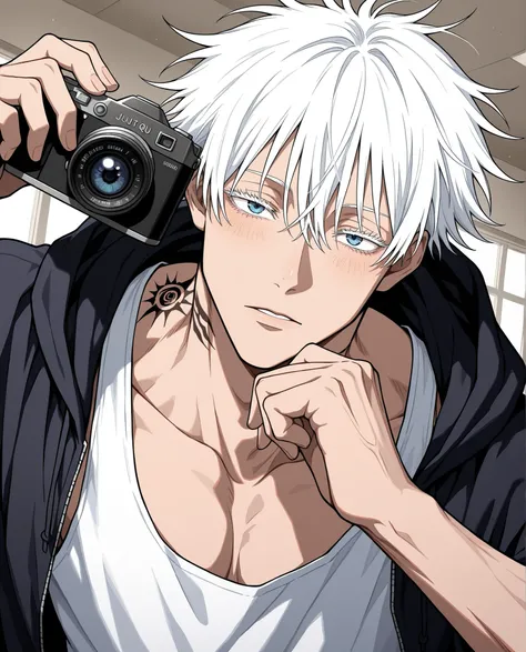 Satoru Gojo,adult, jujutsu kaisen, white hair, short hair, ((hair between eyes)), colored eyelashes, white eyelashes, blue eyes, intricate eye iris, detailed eyes, muscular male, sexy man, handsome man, handsome face, holding a camera, tattoos on his neck ...