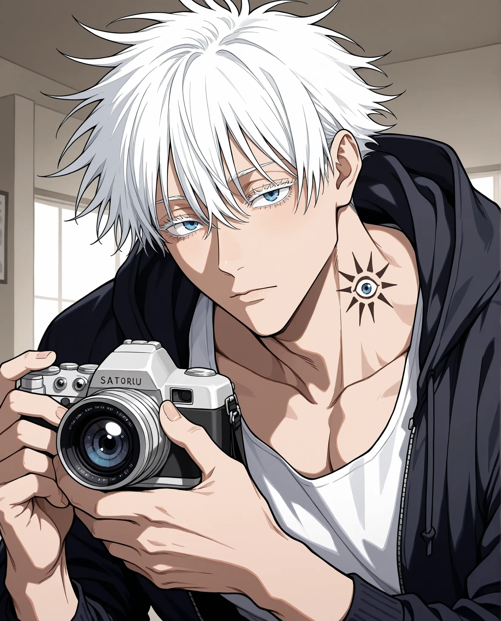 Satoru Gojo,adult, jujutsu kaisen, white hair, short hair, ((hair between eyes)), colored eyelashes, white eyelashes, blue eyes, intricate eye iris, detailed eyes, muscular male, sexy man, handsome man, handsome face, holding a camera, tattoos on his neck ...