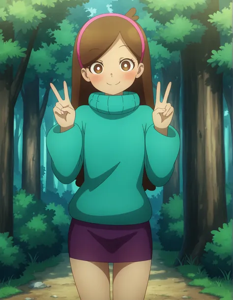 solo, masterpiece, best quality, amazing quality, very aesthetic, absurdres, newest, GraF_Mabel, brown hair, long hair, cowlick, brown eyes, white pupils, pink headband, eyelashes, swept bangs, blush, 1girl, solo, turquoise hoodie, long sleeves, turtleneck...