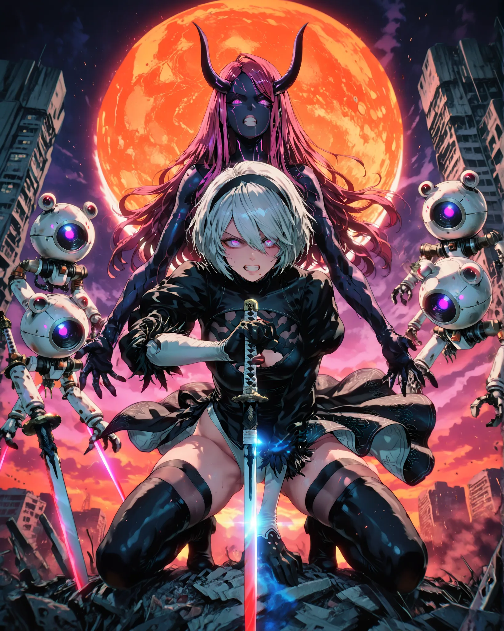 Masterpiece, ultra-detailed, 4K resolution, cinematic lighting with realistic ray tracing and soft shadows. Dynamic composition from an acoustic camera angle. Two women stand back-to-back in a tense battle stance atop a pile of dismantled robots and defeat...