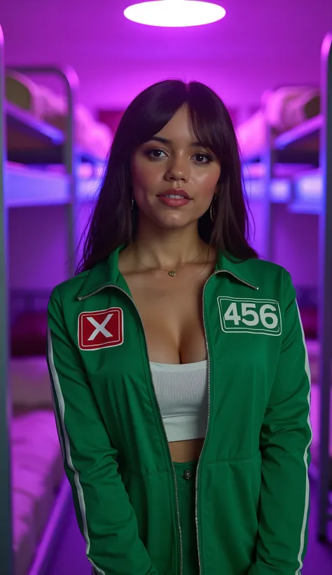 (masterpiece), (best quality), ultra-realistic waist-up photo of an attractive, seductive female model styled as a contestant from Squid Game, 
posing dynamically like in a professional fashion shoot, making direct eye contact with the viewer, subtle seduc...