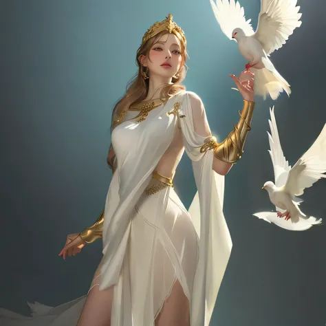 a woman in a white dress holding a white dove and a white dove, goddess of greek mythology, greek goddess athena, athena goddess of wisdom, greek goddess, goddess of love and peace, beautiful goddess, aphrodite goddess of love, beautiful maiden, a stunning...
