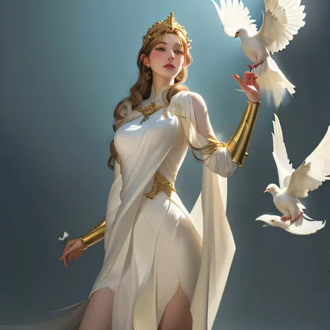 a woman in a white dress holding a white dove and a white dove, goddess of greek mythology, greek goddess athena, athena goddess of wisdom, greek goddess, goddess of love and peace, beautiful goddess, aphrodite goddess of love, beautiful maiden, a stunning...