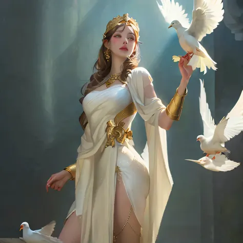 a woman in a white dress holding a white dove and a white dove, goddess of greek mythology, greek goddess athena, athena goddess of wisdom, greek goddess, goddess of love and peace, beautiful goddess, aphrodite goddess of love, beautiful maiden, a stunning...