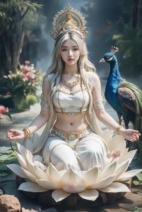 Mother Surasawadi sits on a white lotus, wearing a white sari, next to it is a peacock wearing jewelry all over its head, a necklace of profit earrings in a magnificent way.