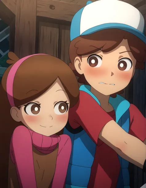 mabel pines and dipper Pines, duo, BREAK, (GraF_Mabel, brown hair, long hair, cowlick, brown eyes, white pupils, pink headband, eyelashes, swept bangs, blush, 1girl), (Dipper, baseball cap, vest, red shirt, brown hair, 1boy)