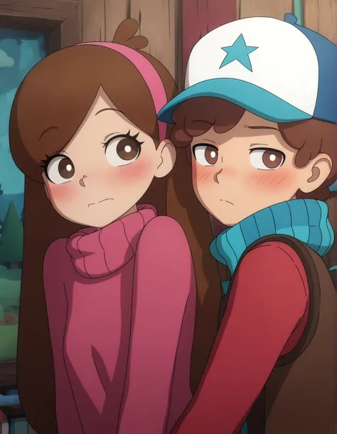 mabel pines and dipper Pines, duo, BREAK, (GraF_Mabel, brown hair, long hair, cowlick, brown eyes, white pupils, pink headband, eyelashes, swept bangs, blush, 1girl), (Dipper_(Gravity Falls), baseball cap, vest, red shirt, brown hair, 1boy)